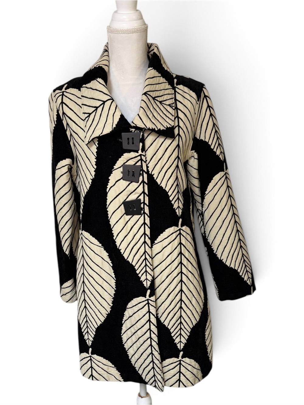 Vintage Garden Gear Cream & Black Leaf Print Jacket Coat Size Large Made in USA